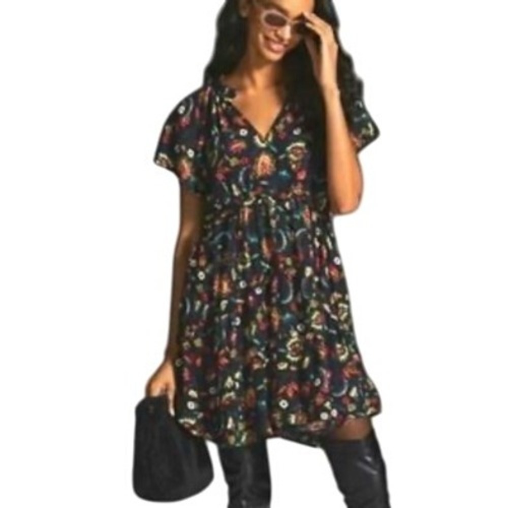 by Anthropology Floral Mini Dress V Neck‎ Ruffle Hem Short-Sleeve Casual XXS